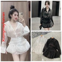 HV - SET BỘ ĐỒ NỮ ÁO SƠ MI TƠ KÈM ÁO LÓT TRONG MIX CHÂN VÁY NHÚN XOÈ, set 3 chi tiết