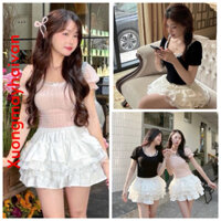 HV - SET BỘ ĐỒ NỮ ÁO THUN TĂM ÔM CỔ REN MIX CHÂN VÁY REN NGẮN