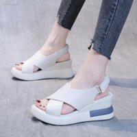 Hy3 Xăng đan nêm màu đỏ mới gót cao cổ tích phong cách hoang dã đế bệt sandal chéo sandal