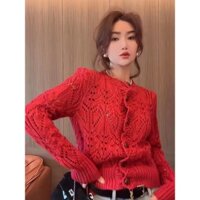 I1TE CELI N.E CE23 Spring/Summer New Fashion logo embroidery letter temperament advanced slimming hollow knitted cardigan top
