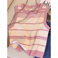 [Ibeautyt.tw] Ice Silk Dệt Kim Hot Girl Camisole Nữ Mặc Ngoài Áo Thun Ngắn Tay Áo Thun Gợi Cảm Phong Cách Chanel Sọc Top 3G4Y