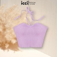 ICCI - Áo len quây ngực croptop lượn viền họa tiết ngực dây buộc màu tím hồng ICR003