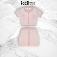 ICCI - Set len đan họa tiết sọc chéo gồm áo croptop lửng và chân váy cạp cao dáng ôm màu hồng và đen ICSE202