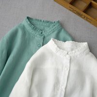 ICE cotton and linen shirt agaric lace upper collar simple withdrawal cut label tail single washed cotton and linen nine-quarter sleeve shirt new artistic thin linen