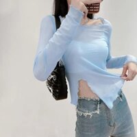 Ice Silk Gạc Đáy Áo Sơ Mi Nữ Bất Đối Xứng Dài Tay Chống Nắng Quần Áo Màu Trơn Mỏng Phù Hợp Với Áo Thun