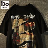 [Ido] Áo thun 100% Cotton nửa tay kiểu Mỹ cổ điển dạo phố Hoa hồng Báo nửa tay Áo thun nam dáng rộng phong cách Mỹ Âu tay nửa tay