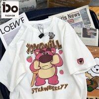 [Ido] Áo thun 100% Cotton nửa tay gấu dâu tây Mỹ Áo thun nửa tay nữ 2023 Xuân hè Thiết kế dáng rộng Niche Cặp đôi nam