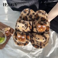IELGY        Dép Lông Hello Kitty Dễ Thương Mặc Nữ 2025 Đế Dày Da Báo In Bé Gió Ấm Bông Dép