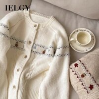 Ielgy Áo len cổ tròn thêu hoa nữ Áo len dệt kim một ngực