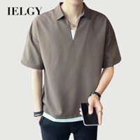 Ielgy Áo polo tay ngắn đơn giản dáng rộng băng lụa Áo nam