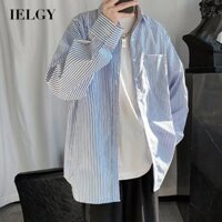 Ielgy áo sơ mi dài tay phù hợp cho nam áo khoác mỏng phong cách Hồng Kông áo sơ mi sọc rộng