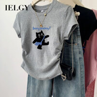 Ielgy Mèo Dễ Thương In Hình Cotton Thẳng Vai Áo Thun Nữ Slim Fit Crop Top