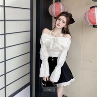 iMaodou Áo Kiểu Tay Dài Hở Vai Phối Ren Màu Trơn Đính Nơ Thời Trang Mùa Thu Phong Cách Mới