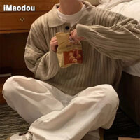 iMaodou Áo Len Nam Dài Tay Cổ Bẻ Sọc Ngang Màu Sắc Thời Trang