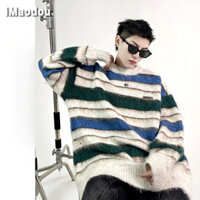 iMaodou Áo len sọc màu tương phản nam nữ Retro mềm mại lông xù Áo len dáng rộng
