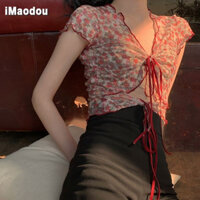 IMAODOU Áo lưới ren  màu đỏ rượu in họa tiết thời trang phong cách cổ điển cho nữ