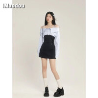 IMAODOU Áo Sơ Mi Một Vai Sọc Xanh Tunic Half Bodycon Nữ Bộ Đèn Xuân Hè Váy