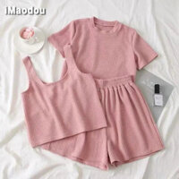 IMAODOU Áo thun ngắn tay quần áo nữ, bộ ba mảnh dành cho học sinh, quần Short ống rộng, bộ phong cách thể thao thông thường, bộ hai mảnh giảm tuổi theo xu hướng thời trang nữ