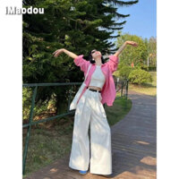 IMAODOU Bộ đồ thời trang đi chơi mùa hè mới Hàn Quốc màu hồng dáng rộng áo sơ mi lười vest hàng đầu màu trắng quần âu nữ