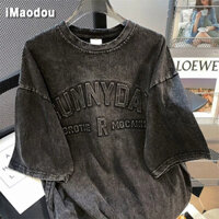 iMaodou Chống đóng cọc Rửa Đau Khổ Mỹ Công Nghiệp Nặng In Chữ Áo Thun Nam Nữ Rời Retro Tay Ngắn Top Hợp Thời Trang