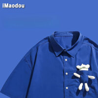 iMaodou Klein Blue Bear Áo Sơ Mi Tay Ngắn Nam Mùa Hè Mỹ Retro High Street Rời Dạo Phố Cặp Đôi Áo Sơ Mi Nửa Tay