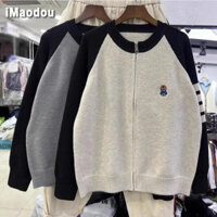 iMaodou Màu Sắc Tương Phản Gấu Thêu Dây Kéo Áo Len Nam Nữ Xuân Thu Rời Cặp Đôi Kn