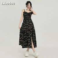 IMAODOU Mùa hè khí chất Pháp không khí cảm giác eo giảm béo thiết kế co giãn cảm giác nối xù hoa dây váy