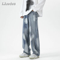 iMaodou Mùa Xuân Châu Âu Mỹ Cao Phố Quần Niche Thiết Kế Sense Splash Sơn Thẳng Quần Jean Nam Chiên Phố Mỹ Mặc Đường Phố Quần Thường Ngày