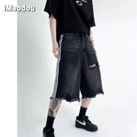 iMaodou Phong Cách Mới Độc Đáo Niche ins Retro Dạo Phố Giặt Denim Sọc Quần Short Nam Nữ Rời Rách Ba Thanh Frayed Edge