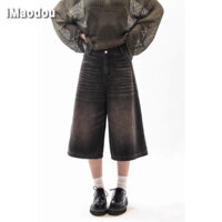 iMaodou Phong Cách Mới Hợp Thời Trang Ban Đầu Đen Rửa Nước Đau Khổ Vàng Retro Lỏng Lẻo Ôm Hơn Nhìn Crop Quần Jean Ống Rộng hiphop