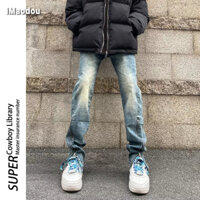 iMaodou Quần Jean Dài Dáng Rộng Ôm Chân Phối Khóa Kéo Kiểu Đường Phố Âu Mỹ Cá Tính Cho Nam