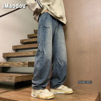 iMaodou Thu Đông 2024 Phong Cách Mới Đường Phố Cao Cấp Mỹ Retro Xanh Dương Quần Jean Ống Rộng Nam Rời Thẳng Thường Ngày Quần Bé Trai