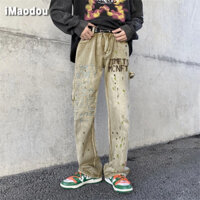 iMaodou Vibe mỹ quần jean nam mùa thu đường phố mặc quần yếm hiphop đường phố ink splash thêu quần ống rộng thẳng