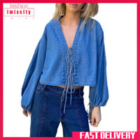 Imixcity Nữ Denim Áo Dài Tay Sâu Cổ Chữ V Dây Buộc Phía Trước Jean Áo Rời Tay Phồng Denim Crop Tops