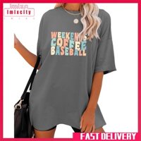 Imixcity women casual t-shirt weekends coffee baseball fun letter print plus size short-sleeved round neck tops