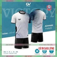 (in sau lưng theo yêu cầu) Bộ Quần Áo Bóng Đá không logo Chính Hãng CV Victory trắng - xanh cổ vịt, vải R-Airmaxx