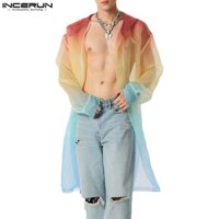 Incerun Áo Khoác Tay Dài Có Nón Phối Lưới Màu gradient Kiểu Kimono Cổ Điển Cho Nam