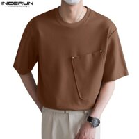 INCERUN Áo Thun Tay Ngắn Cổ Tròn Màu Sắc Đơn Giản Phong Cách Hàn Quốc Cho Nam Giới