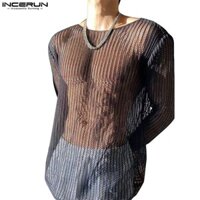 Incerun Nam Hàn Quốc Áo thun dài tay cổ tròn rỗng