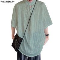 Incerun Nam Hàn Quốc Sọc dọc xuyên thấu Cổ đứng Áo sơ mi nửa tay