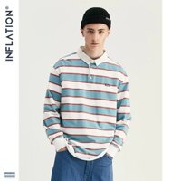 INFLATION Áo thun dài tay, cổ polo, thiết kế kẻ sọc, 100% cotton 91502W