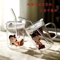 Influencer Nezha Có Tay Cầm Ống Hút Thủy Tinh Cốc Nước Trẻ Em Hoạt Hình Cân Sữa Ăn Sáng Cốc Thủy Tinh Chịu Nhiệt Ống Hút 0228