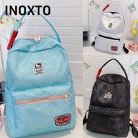 INOXTO Ba lô Hello Kitty, Túi đựng mèo Kitty hoạt hình máy tính, Nylon thời trang dung tích lớn Túi đi học phong cách Hàn Quốc dành cho nữ