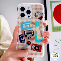 Ins Camera Guitar Miếng Dán Màu Nâu Kẻ Sọc Từ Tính Ốp lưng IPhone 16 15 14 13 Pro Max Chống Bụi Bẩn Sạc Không Dây Lai Bìa Cứng