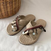 Ins Handmade Dệt Đi Biển Dép Mùa Hè Mặc Ngoài 2025 Phong Cách Mới Kỳ Nghỉ Phong Cách Dân Tộc Dép Dép Nữ Teva Dép Y2K Dép Handmade