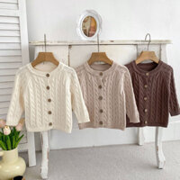 Ins Mới Trẻ Em Retro Cổ Tròn Áo Len Áo Khoác Cho Bé Trai Và Bé Gái Màu Trơn Xoắn Dệt Kim Sợi Cotton Cardigan Top