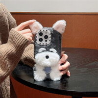 Ins Mùa Đông Sang Trọng Hoạt Hình Ngộ nghĩnh Dễ Thương 3D Schnauzer Puppy Vỏ Ấm Cho IPhone 16 15 14 13 12 Pro Max 14Pro 16ProMax 15PM Chống Sốc Chống Rơi I11 12 I15 / 14 / 13 Vỏ IPhone Ốp Lưng