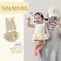 Ins Mùa Hè Bé Gái Bộ Sơ Sinh Tối Giản Màu Be Ve Áo Không Tay Top + Ren Màu Be Váy Ngắn Bộ 2 Món