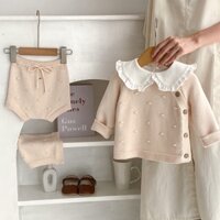 Ins quần áo mùa thu sơ sinh bé gái chấm móc xiên placket áo khoác dệt kim + quần short + mũ 3-piece set 6x8p