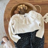 Ins Quần Áo Trẻ Em Bé Gái Áo Cotton Ren Xù Cổ Dài Tay Áo Trẻ Em 2-6 Tuổi